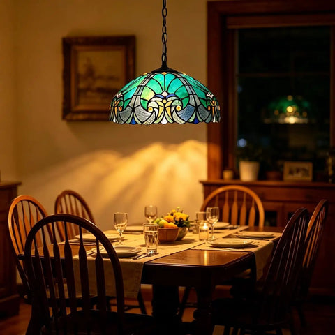 Tiffany Style Stained Glass Pendant Light With 16 Inch Wide Shade, 67 Inch Tall Vintage Vibe Hanging Lamp over dining table.
