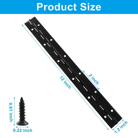 Pro Grade 12 Inch Heavy Duty Piano Hinges Two Pack Black Steel Continuous Cabinet Hardware With 24 Mounting Screws, 12 inch size.