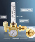 Front view of brass MIG/TIG gas regulator with flow meter, 0-60 CFH for Argon/CO2