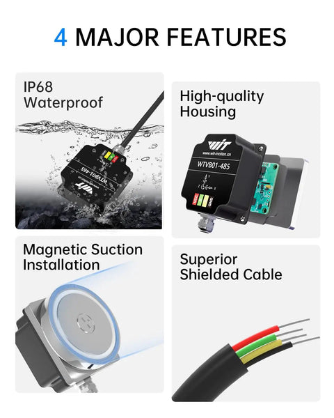 Beefed Up IP68 3 Axis Vibration Sensor features waterproof design, high-quality housing, magnetic suction, and shielded cable