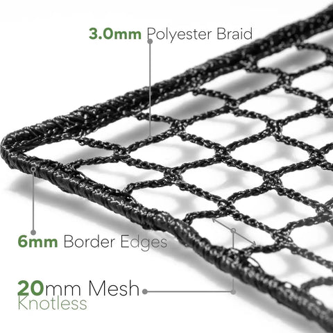Close-up of 10x10ft Golf Impact Net For Backyard Practice And Garage Setup, Heavy-Duty 3.0mm Polyester Replacement Net In Black.