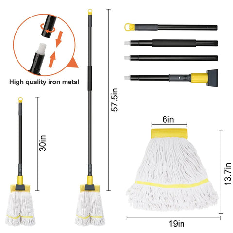 Heavy Duty Commercial Wet Mop With Long 60 Inch Stainless Steel Handle, Looped End Cotton Mop Heads For Floor Cleaning