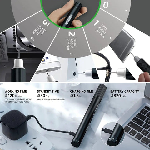 Cordless Electric Screwdriver Kit With LED Light And USB Rechargeable Power, Upgraded 3 Gear Adjustable Torque, shown in use with laptop.