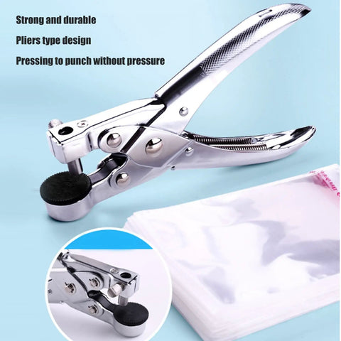 7mm Single Hole Punch For Paper Plastic Bags OPP PVC Bags Photos Cardboard, shown with sturdy metal pliers design.