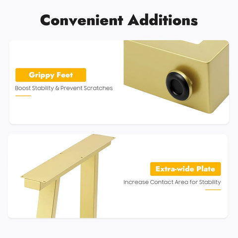 Close-up of 2 Pack Gold Trapezoid Metal Table Legs Beefy Heavy Duty Full Welded Furniture Legs With Non Slip Pads 440.92 Lbs Load Per Leg