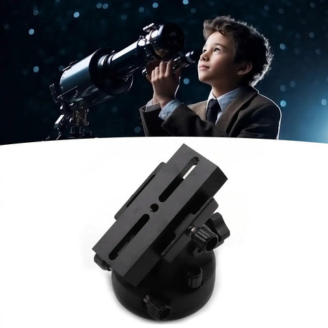 Aluminum Alloy Telescope Mount Latitude Adjustment Base Equatorial Wedge with young stargazer at telescope in background