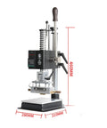 Top Tier Desktop Manual Arbor Press Rig Built Badass For Leather Crafting Riveting And DIY Hacks With Quick Spring Return Cast Iron Precision Platform side view with measurements and details.