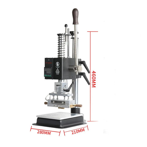 Top Tier Desktop Manual Arbor Press Rig Built Badass For Leather Crafting Riveting And DIY Hacks With Quick Spring Return Cast Iron Precision Platform side view with measurements and details.