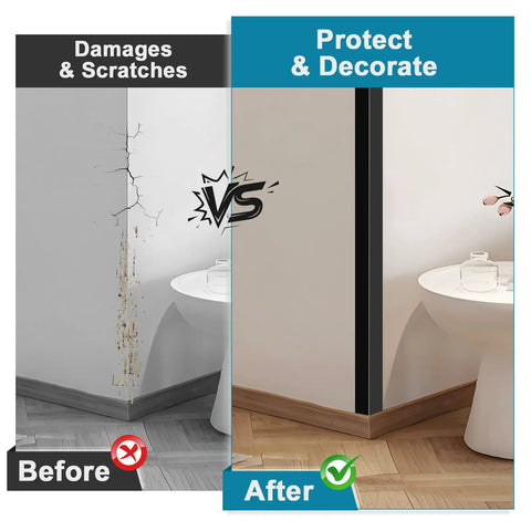Before and after image showing Heavy Duty Self Adhesive Wall Corner Protectors 45 By 1 Inch Solid Aluminum Corner Guards Black shield in use.