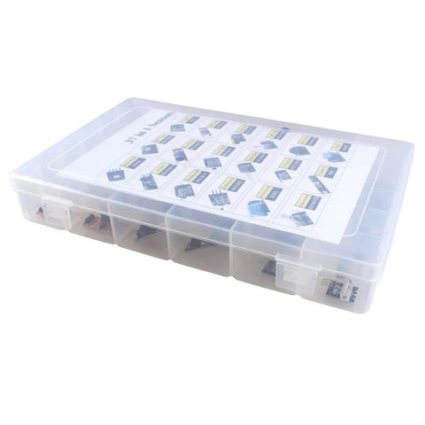 Plastic case containing 37 In 1 Sensor Starter Kit For Arduino And Raspberry Pi, with sensors and modules visible through the lid.