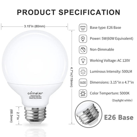8 Pack G25 LED Globe Light Bulbs 5000K Daylight, 60W Equivalent, E26 Medium Base, Non-Dimmable, CRI 85, 120V specs diagram