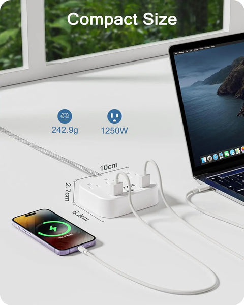 2 Prong To 3 Prong Outlet Adapter With A 6.6 Ft Braided Extension Cord, Polarized Plug, Three AC Outlets And Three USB Ports in use