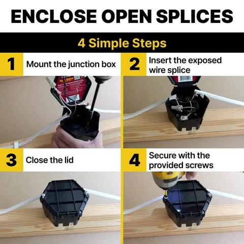 Installation steps of Open Splice Junction Box Single UL Listed Easy Five Second Installation Splice Box in four images