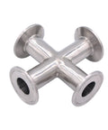 Stainless steel 4-way cross clamp, angled view, for 1.5 in tri-clamp sanitary fittings, 304, 25 mm OD.