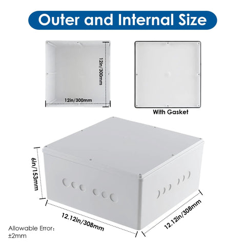 Heavy Duty Waterproof Junction Box With Pre Punched Cutouts For Outdoor Wiring Hassle Free Setup Plastic Electrical Enclosure size 12x12x6 inches.