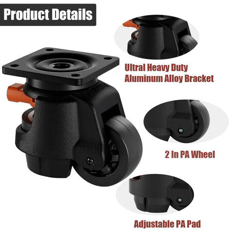 Tough As Nails 2 Inch Leveling Casters Set Of 4 With Adjustable Steel Feet Premium Nylon Wheels showing durable aluminum bracket and PA wheel.