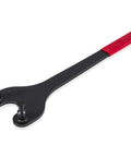E-cowlboy cam pulley holder tool, angled side view; black metal body with red plastic handle and two pins