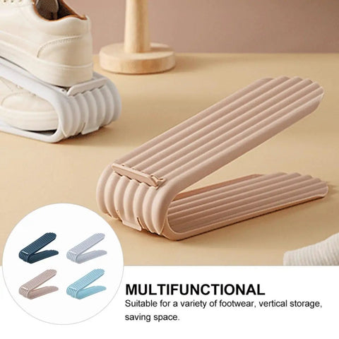 Double Deck Vertical Shoe Slot Organizer With Adjustable Two Tier Design, beige, ideal for footwear stacking and space saving.
