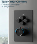 Control panel of GRANDJOY Dual 12" Shower System with Handheld Spray, Matte Black showing four function knobs.