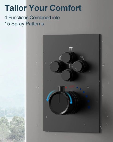 Control panel of GRANDJOY Dual 12" Shower System with Handheld Spray, Matte Black showing four function knobs.
