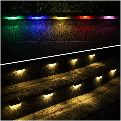 Color-changing and warm white Solar Deck Lights 12 Pack Outdoor Waterproof LED illuminating stairs and fence at night