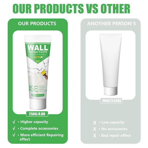 Comparison of Ultimate Drywall Repair Kit For Quick Hole Fill And Scratch Repair, 250g Spackle Paste with a competitor's product.