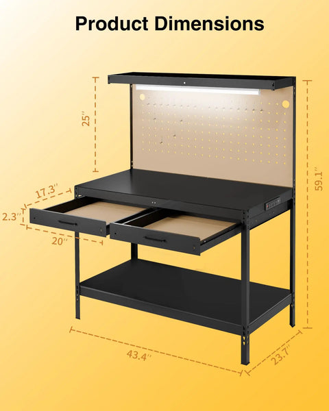 Dimensions of Heavy Duty Garage Work Bench With Drawers Lights Pegboard And Twelve Hooks Storage System Holds Up To 600 Lbs Built For Real Tool Nerds In The Workshop Garage Basement Or Garden.