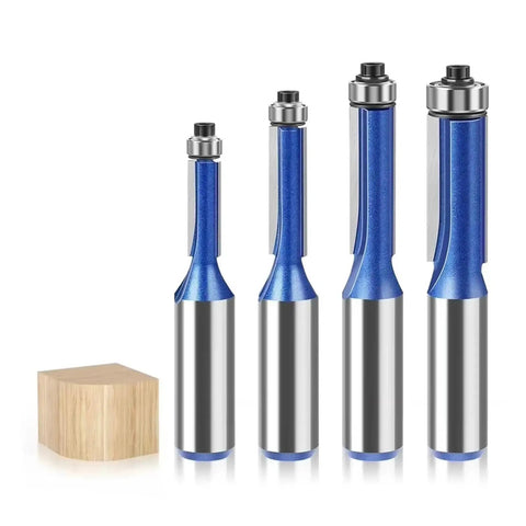 Super Cool Extended Trimming Router Bit For Pros With 12mm Or Half Inch Shank and smooth cutting edges, set of four bits for precise routing.