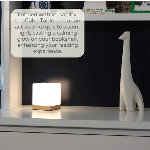 Square Glass Desk Lamp Cube LED Light With Warm 2700K Lit Glow on shelf with giraffe ornament and book