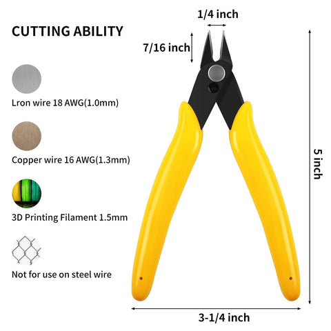 Micro flush cutter with yellow handles and diagonal cutting jaws, 5 inches long, front view.