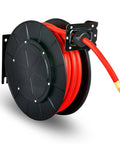 Retractable Air Hose Reel Workhorse With 3-8 Inch By 50 Feet Hybrid Polymer Hose, Pro Grade Steel And Polypropylene Drum, 300 PSI Maximum