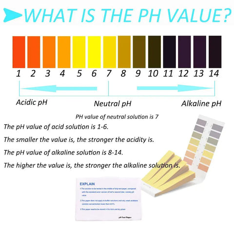 Color chart from PH Test Strips Full Range Kit 320 Pieces 1 To 14 Litmus Paper with pH explanation card.