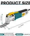 2.5 Amp Corded Oscillating Multi Tool Kit With Six Variable Speeds And 3 Degree Oscillation, product dimensions displayed