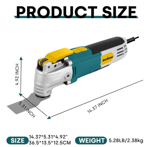 2.5 Amp Corded Oscillating Multi Tool Kit With Six Variable Speeds And 3 Degree Oscillation, product dimensions displayed