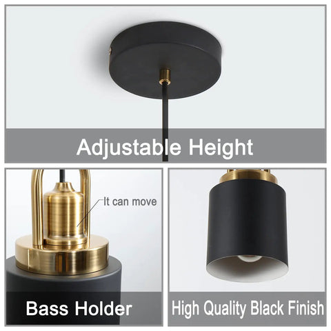 Modern Cylindrical Pendant Chandelier Black Finish With Vintage Farmhouse Vibe showing adjustable height and brass holder