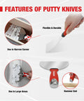 Features of 14 In 1 Painters Tool Kit For Drywall with stainless joint knives showing flexible blade, hammer end, corner usage