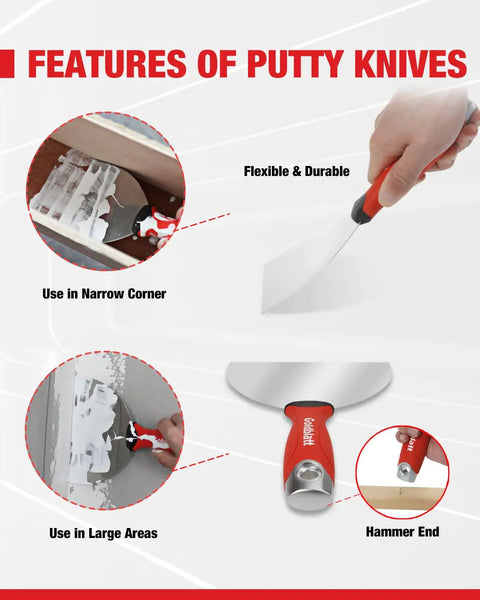 Features of 14 In 1 Painters Tool Kit For Drywall with stainless joint knives showing flexible blade, hammer end, corner usage