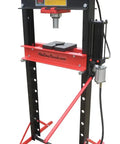 Built Tough 20 Ton Air Powered Hydraulic Shop Press With Adjustable Height Base And Dual Direction Ram Cylinder side view with gauge and flat press plate.