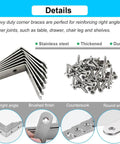 8 Pack L Bracket Corner Braces 2 Inch Stainless Steel Heavy Duty Shelf Bracket with screws and features highlighted