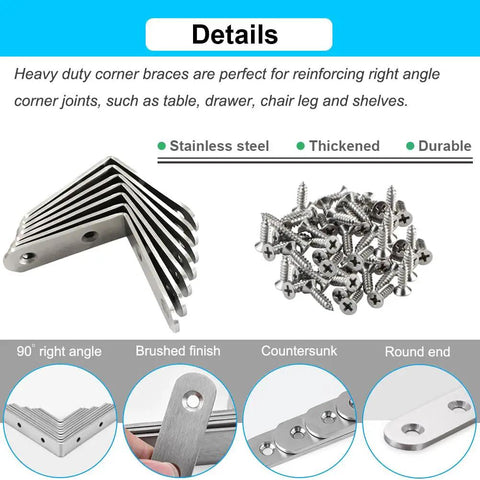 8 Pack L Bracket Corner Braces 2 Inch Stainless Steel Heavy Duty Shelf Bracket with screws and features highlighted