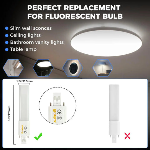 Two Pack 6W GX23 2 Pin LED PL Retrofit Lamp Replacement For 13W GX23d CFL, shown with size details and compatible fixtures.