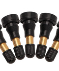 Five brass tire valve stems with black plastic caps and snap-in design