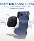 4MP Indoor Outdoor Home Security Camera System next to a smartphone with customer support info overlay.