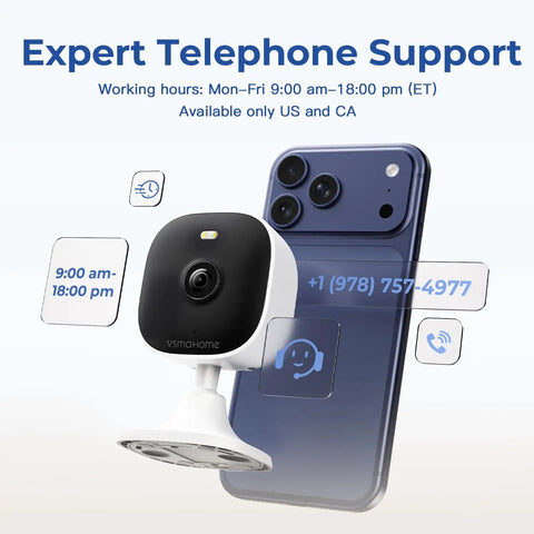 4MP Indoor Outdoor Home Security Camera System next to a smartphone with customer support info overlay.