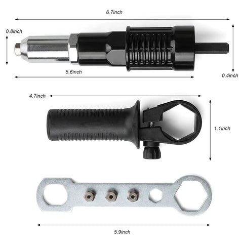 Rivet Gun Adapter Kit For Cordless Drill With 2.4mm 3.2mm 4.0mm 4.8mm Rivet Heads, handles and wrench displayed with dimensions.