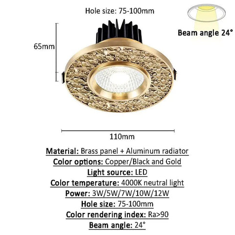 Pack Of 10 Premium Led Recessed Downlights Boasting Rock Solid Die Cast Brass Build And Sleek Gold Baffle Trim CRI 90 Anti Glare Spotlights 110mm diameter with decorative brass design and LED source.