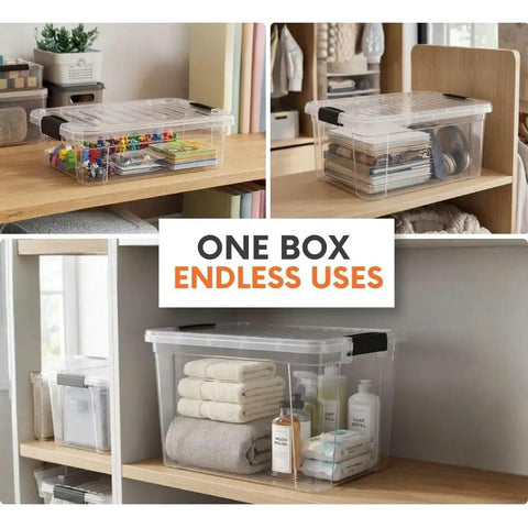 12 Pack 21 Qt Clear Storage Bins With Snap Tight Lids Stackable Plastic Containers used for organizing toys and supplies.