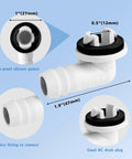Close-up of elbow fitting from 10 Foot Universal Air Conditioner Drain Hose with dimensions and leak-proof design details.
