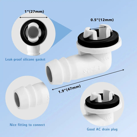 Close-up of elbow fitting from 10 Foot Universal Air Conditioner Drain Hose with dimensions and leak-proof design details.