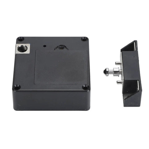 Seamless NFC Electronic Drawer Lock With Discreet Invisible Cabinet Mount, black unit with bolt, designed for secure storage.